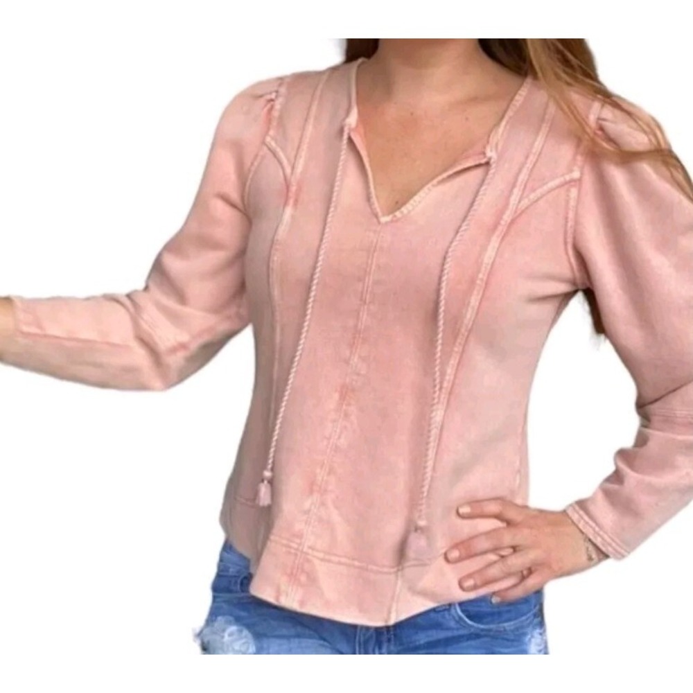 Maeve Pink Washed Tie Neck Long Sleeve Casual Top‎ Womens Small
